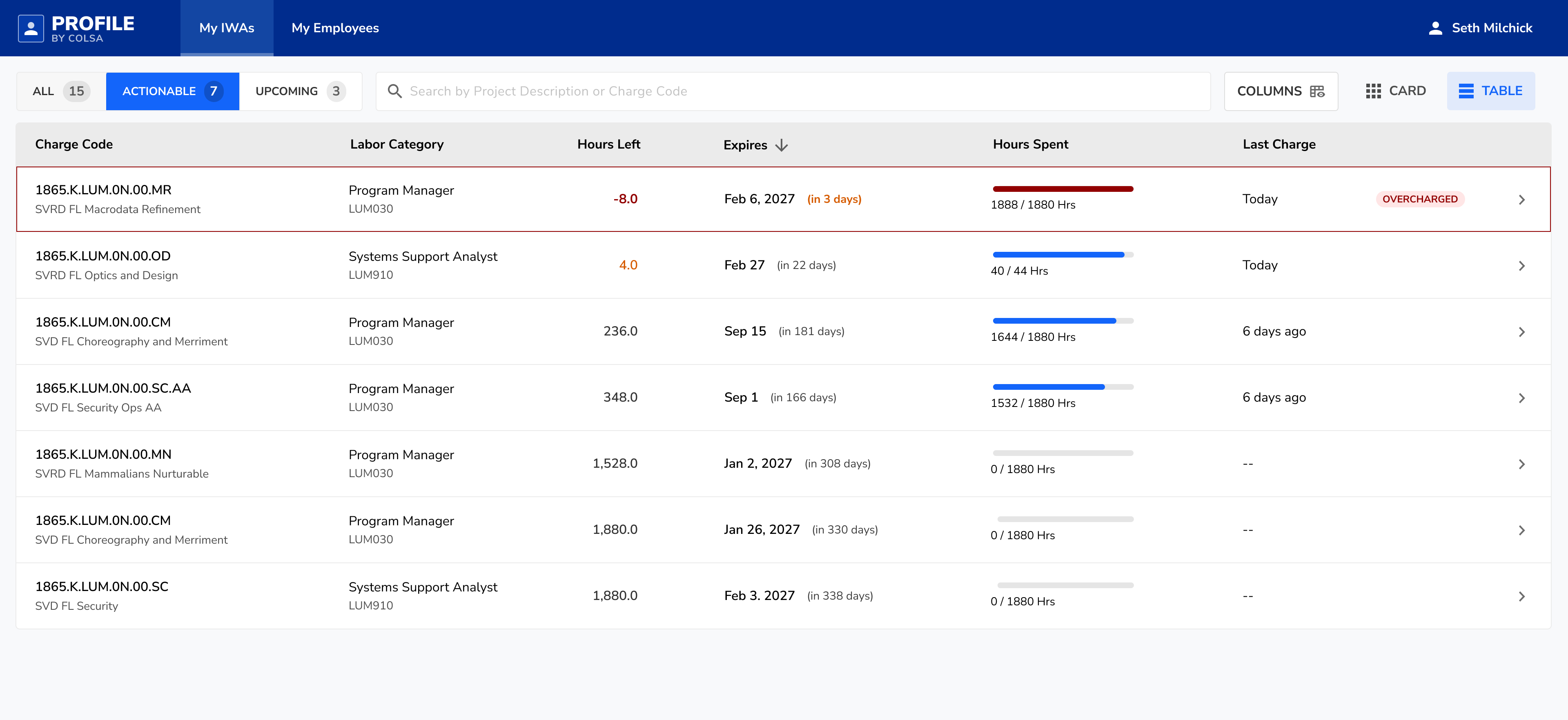 Profile Tool — Table view